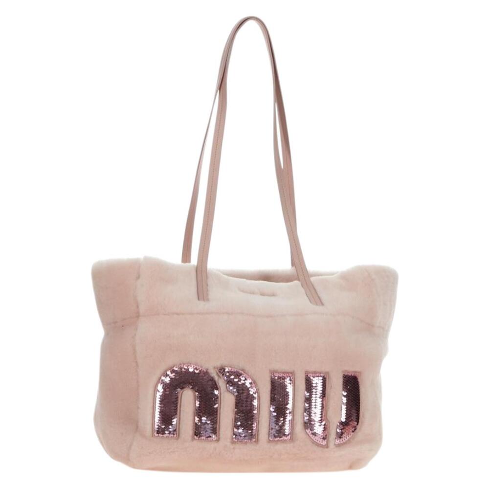 Miu Miu Pink Shearling Sequin Logo Tote with Pouch